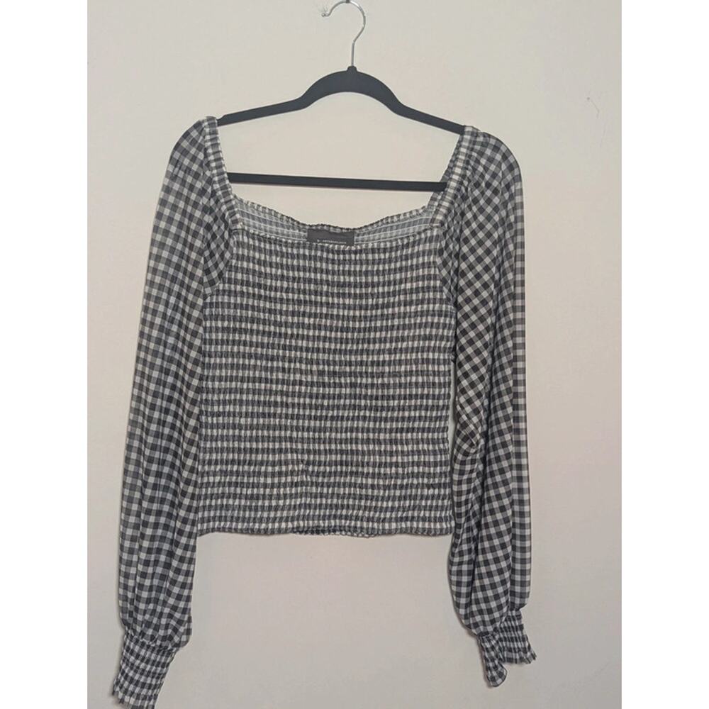 Anthropologie Black White Gingham Smocked Crop Top Med Puff Sleeve